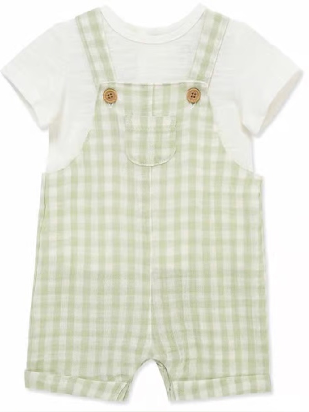 Little Me Green and White Gingham Overall Romper